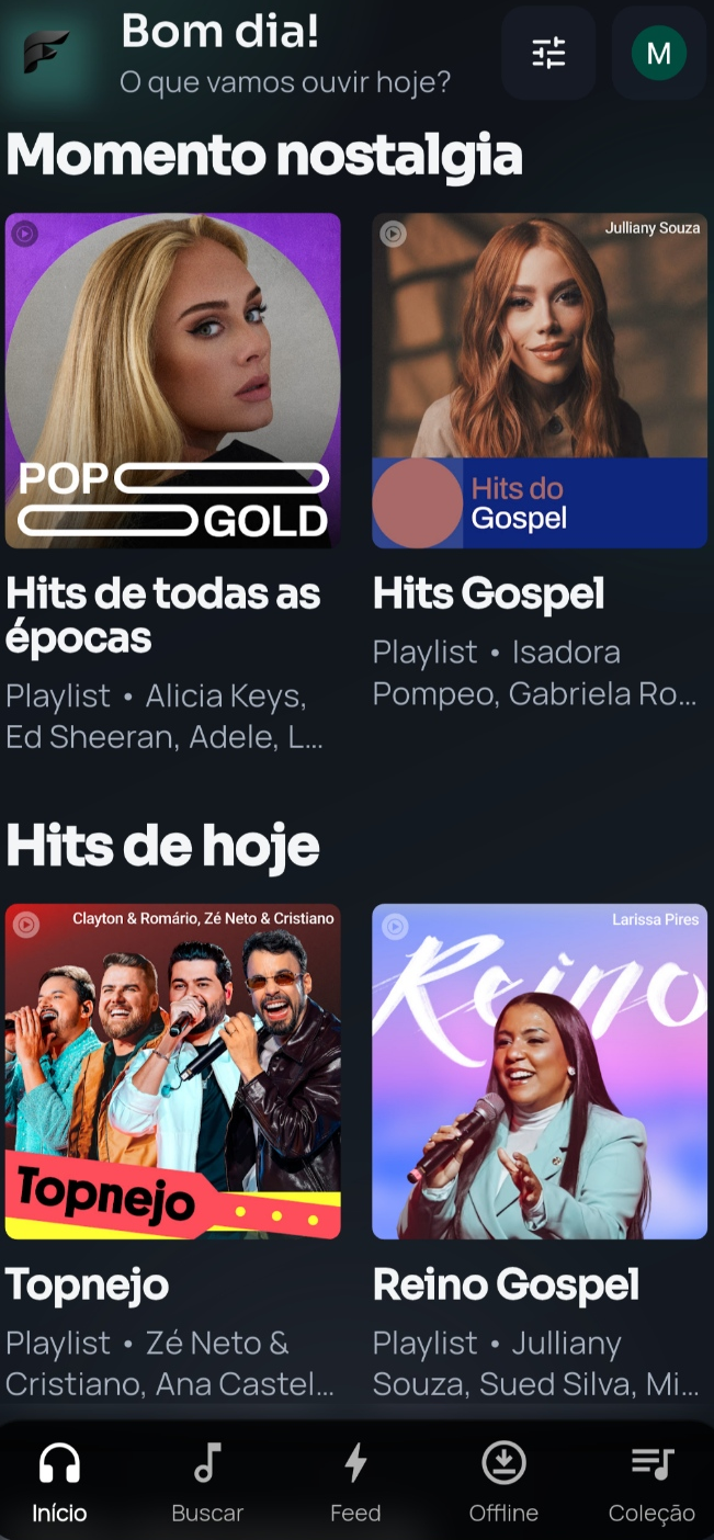 Tela do Fluxo mostrando playlists dinâmicas na home