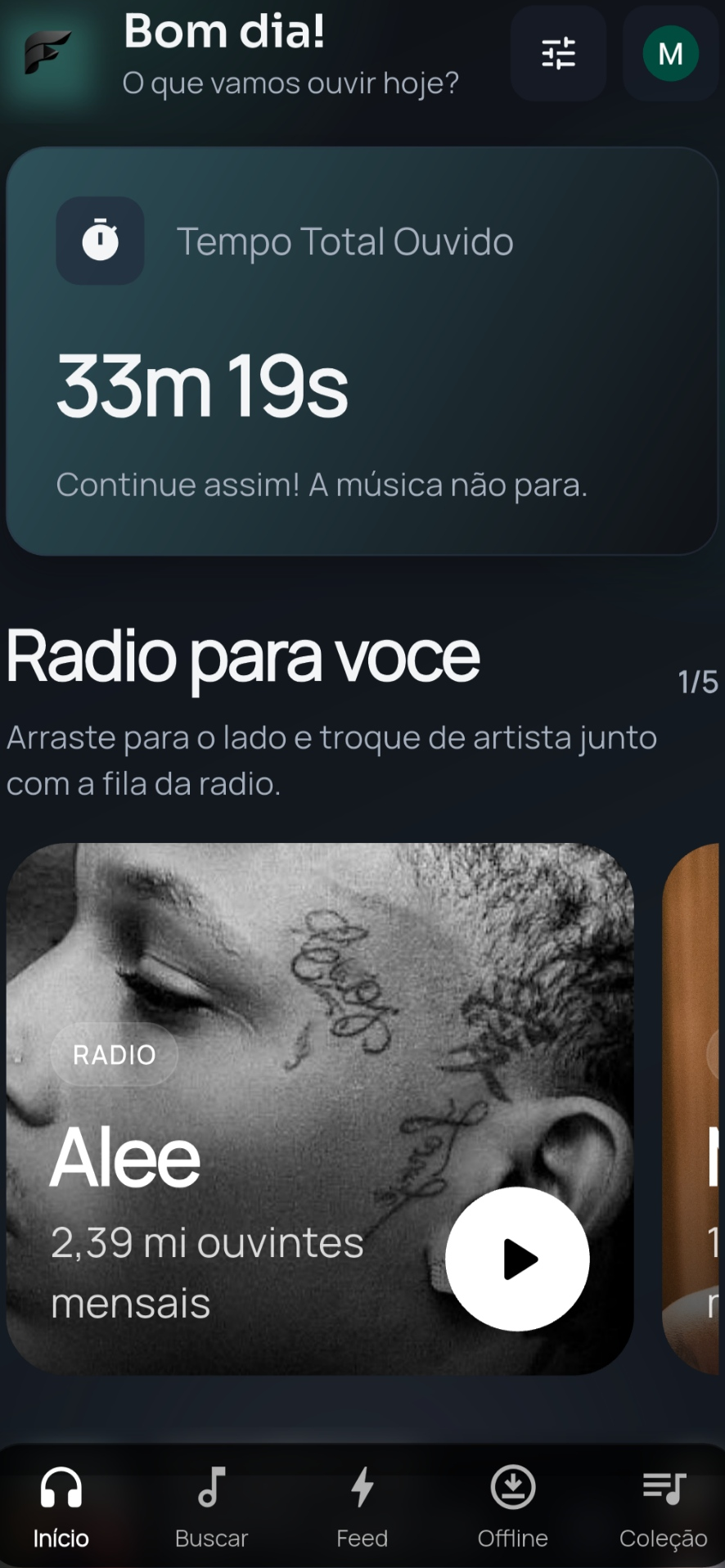 Tela do Fluxo mostrando tempo total ouvido