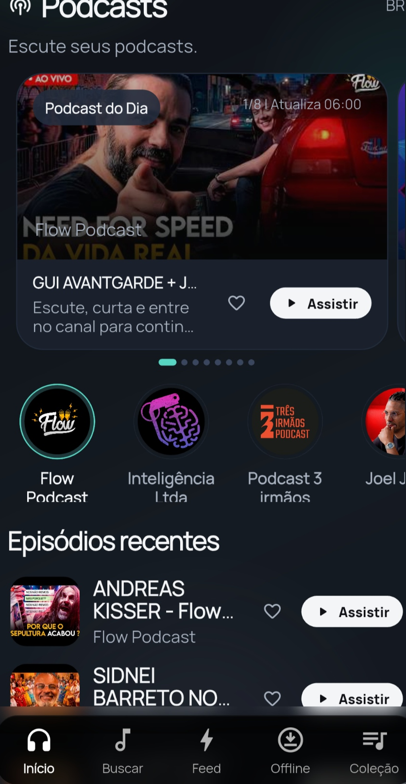 Tela do Fluxo mostrando a experiência de podcasts